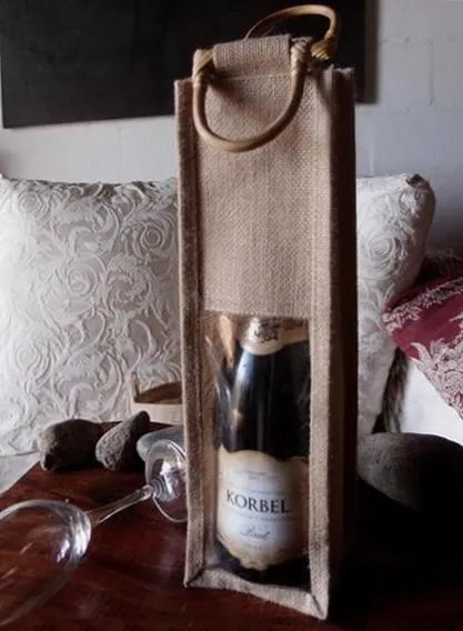 5 ct Single Bottle Burlap Gift Wine Bags with Wooden Handles & PVC Window - Pack of 5