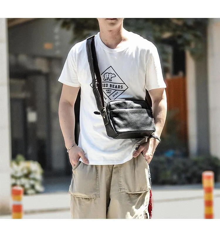 Black Leather Mens Casual Small Courier Bags Messenger Bags Gray Postman Bag For Men