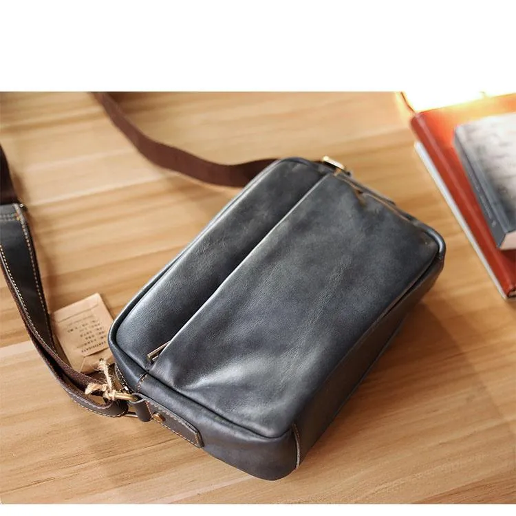 Black Leather Mens Casual Small Courier Bags Messenger Bags Gray Postman Bag For Men