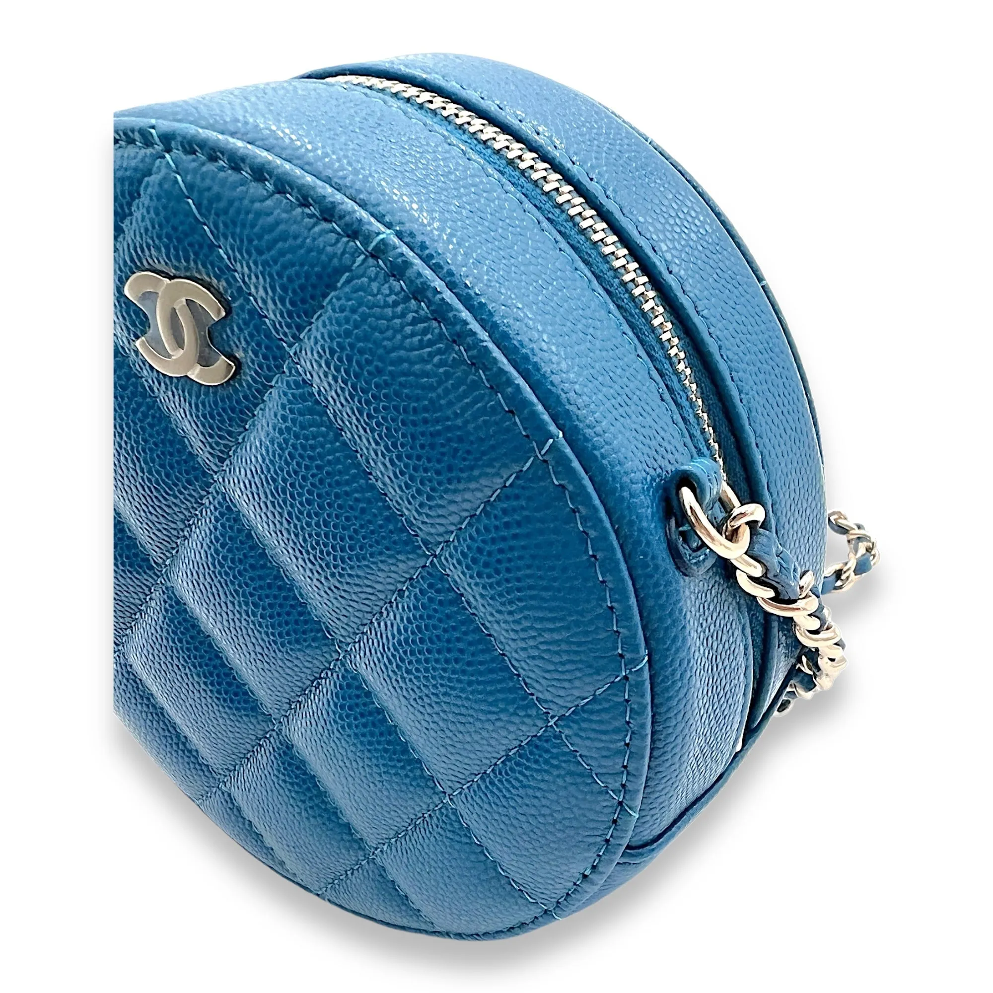 CC Quilted Pearl Crush Round Blue Crossbody Bag in Caviar Leather, Gold hardware