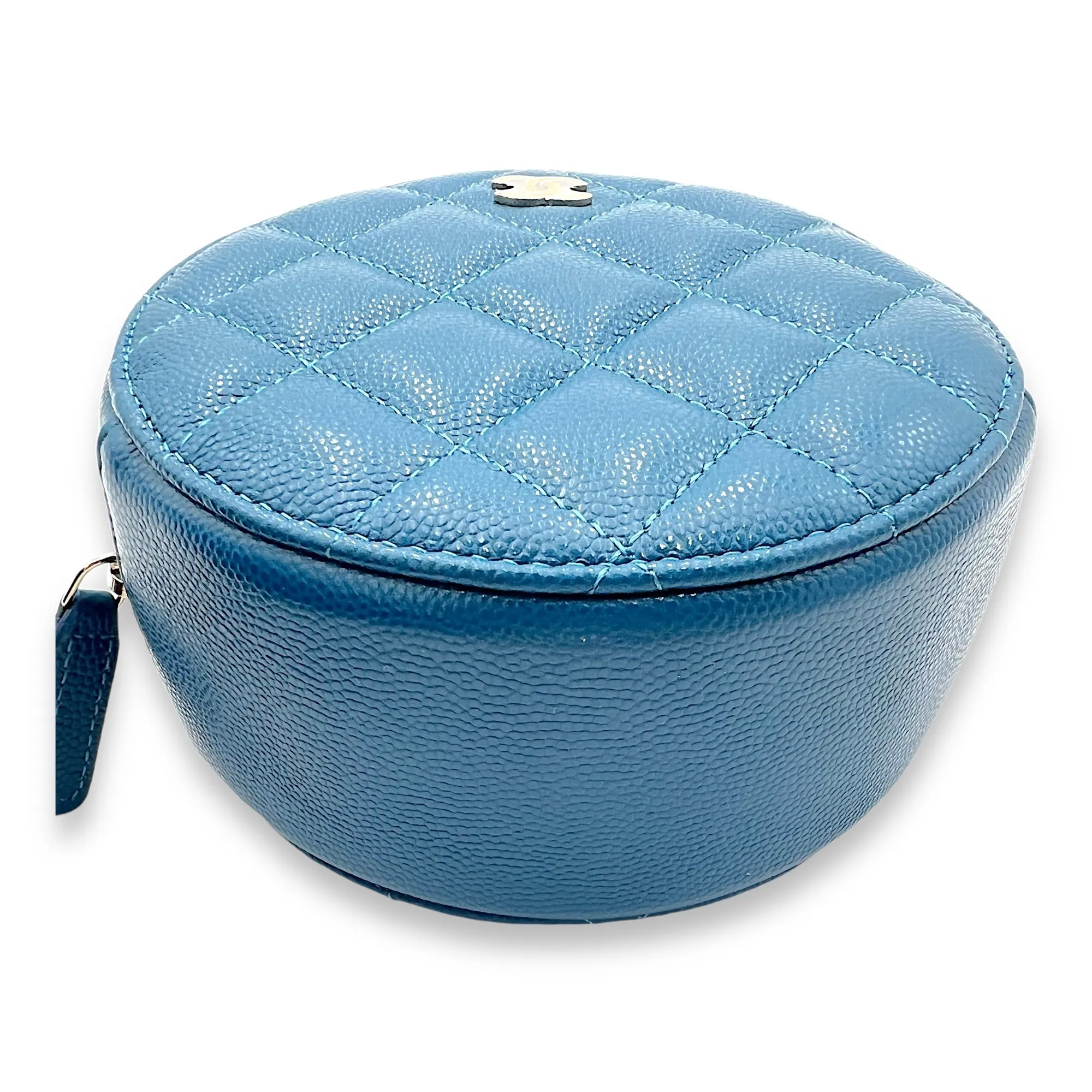 CC Quilted Pearl Crush Round Blue Crossbody Bag in Caviar Leather, Gold hardware