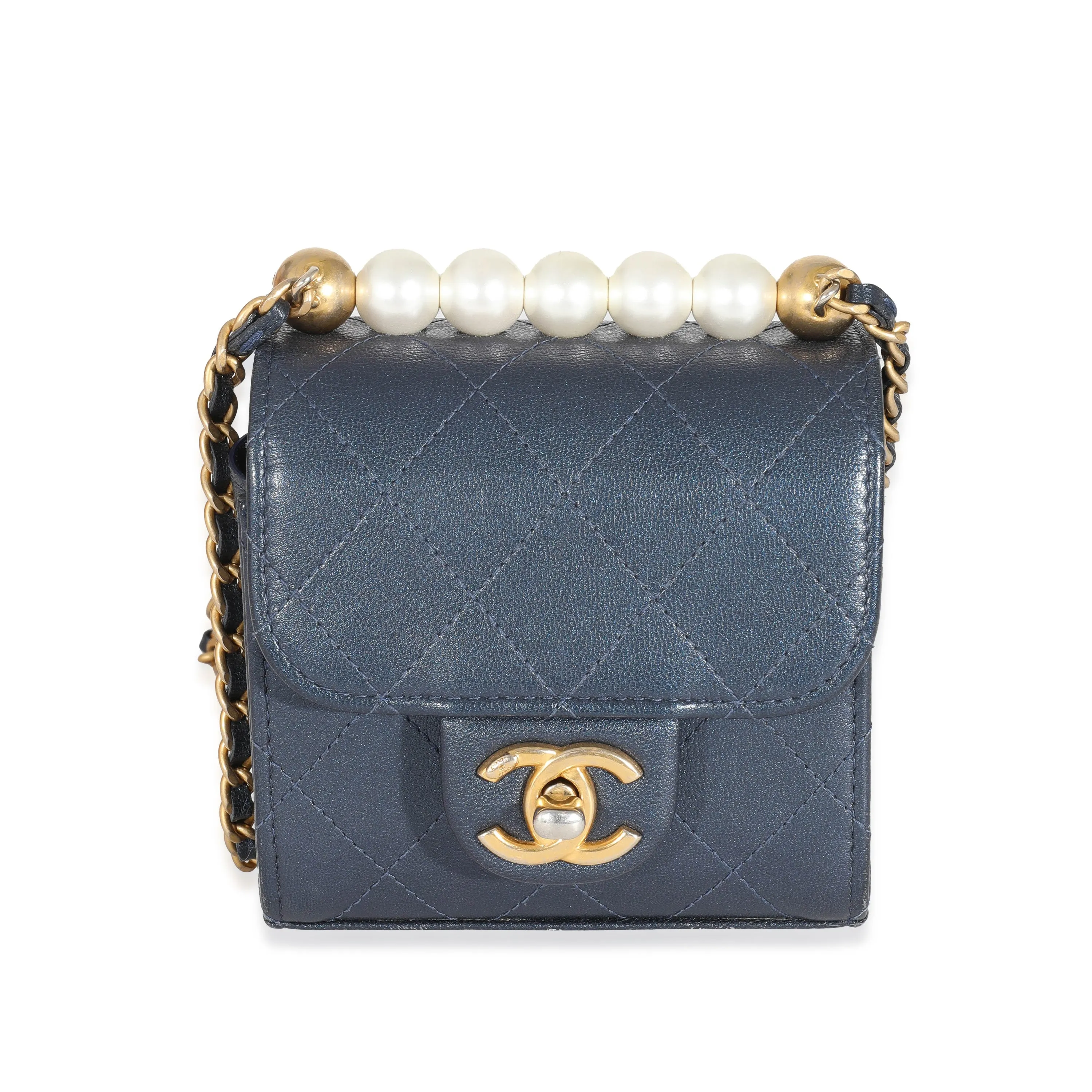 CHANEL Navy Goatskin Chic Pearls Mini Flap Bag