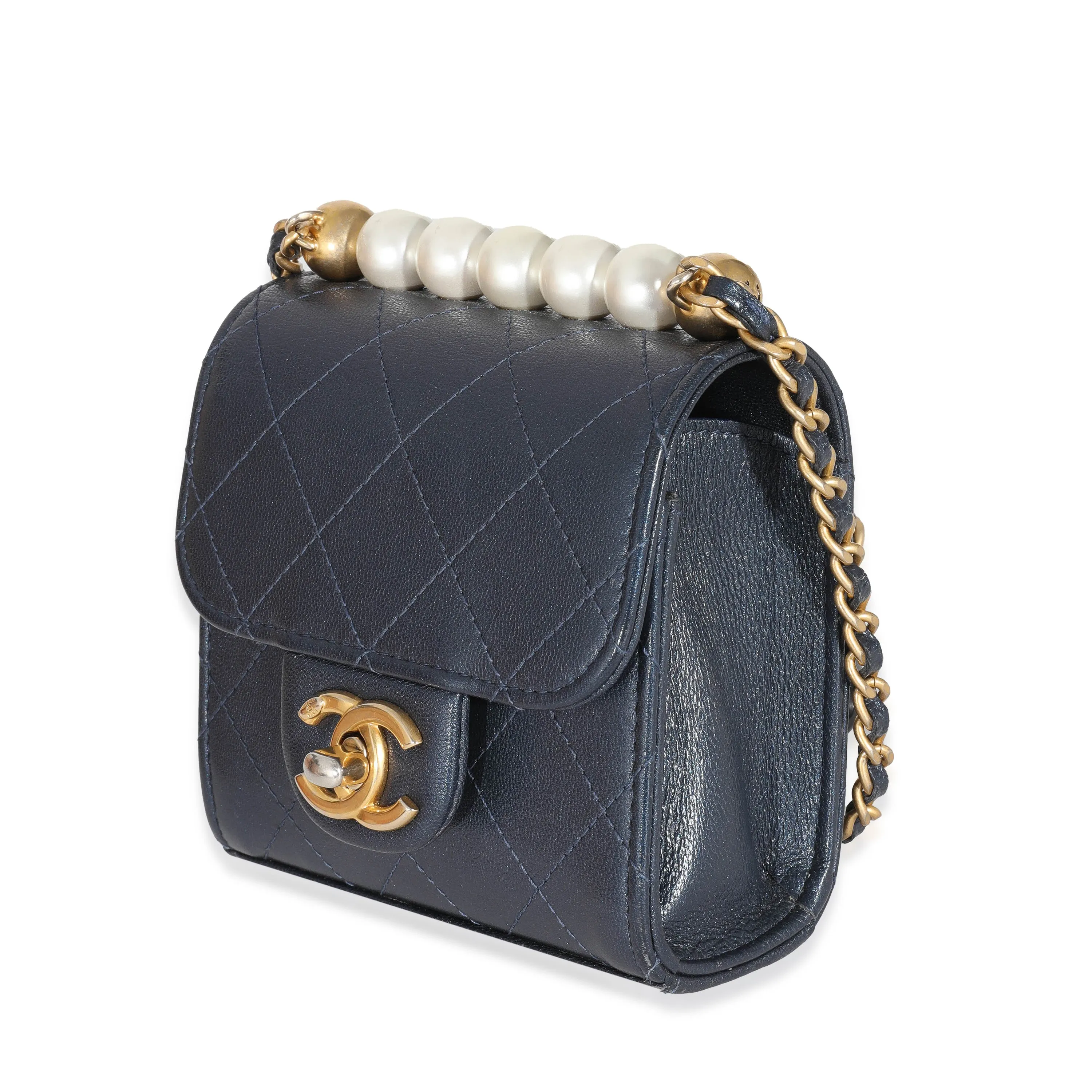 CHANEL Navy Goatskin Chic Pearls Mini Flap Bag