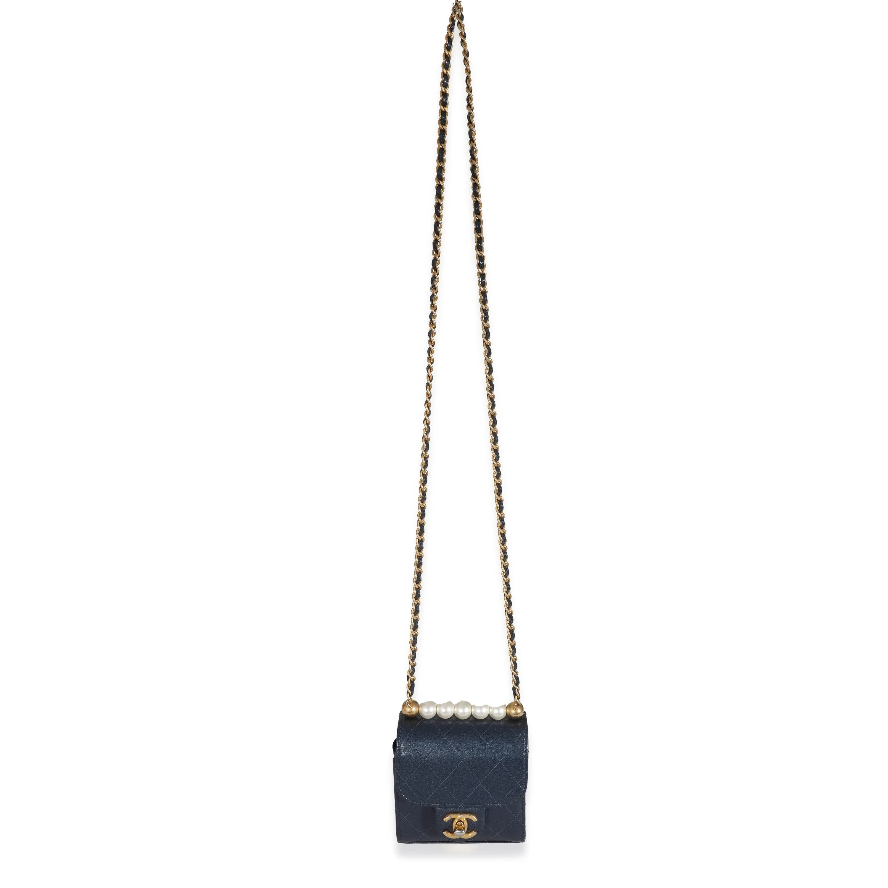 CHANEL Navy Goatskin Chic Pearls Mini Flap Bag