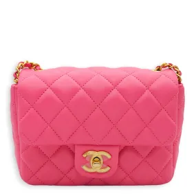 Classic Square Flap with Heart Charm Mini Bubble Gum Pink Crossbody Bag in Lambskin, Gold hardware