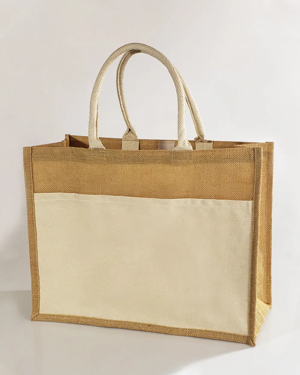 Easy-to-Decorate Jute Tote Bags with Canvas Front Pocket - TJ314