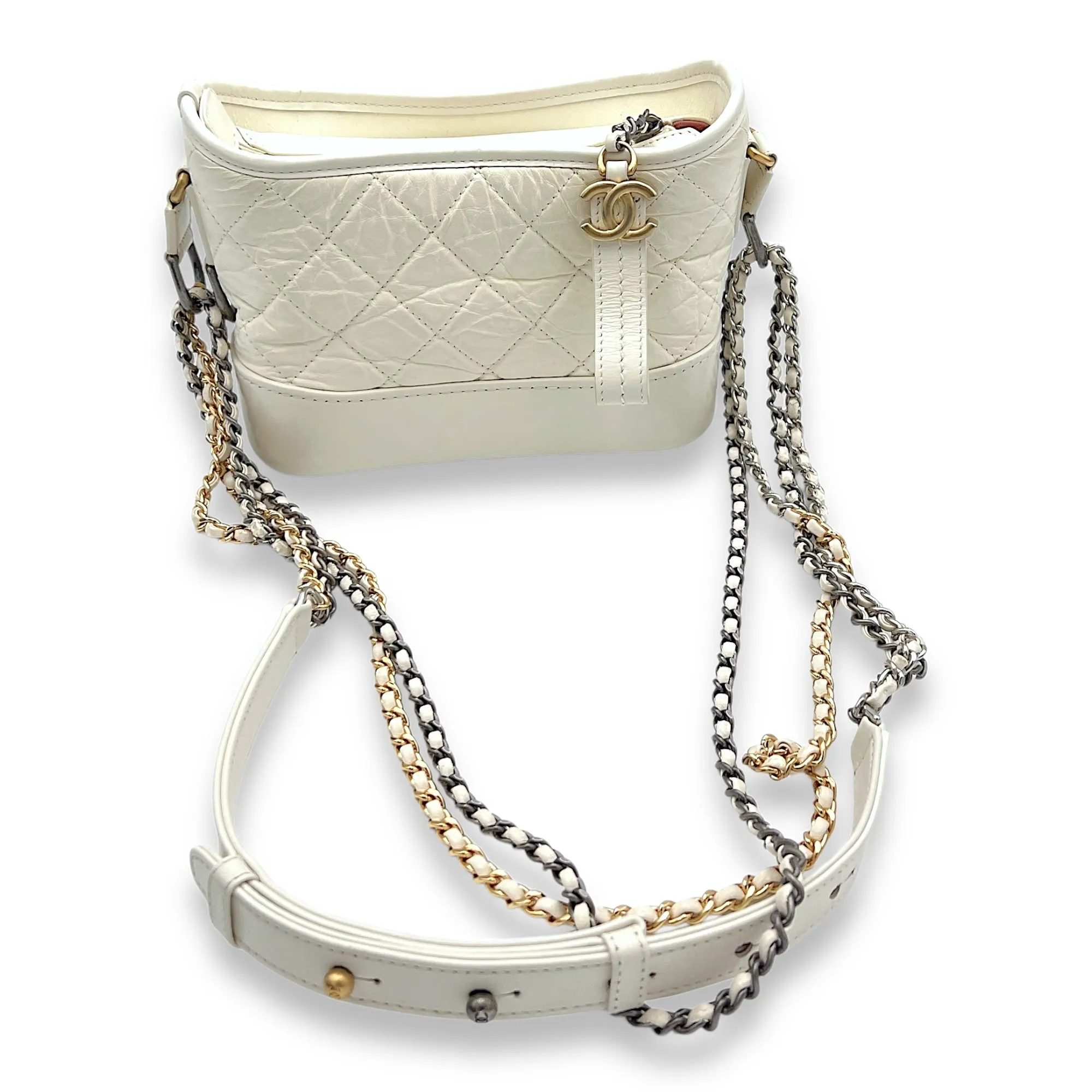 Gabrielle Small White Crossbody Bag in Calfskin, Mixed hardware