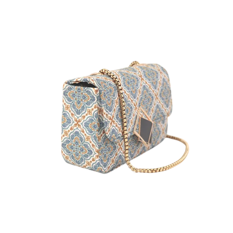 Geometric Crossbody Bag with Gold Chain and Black Square Buckle