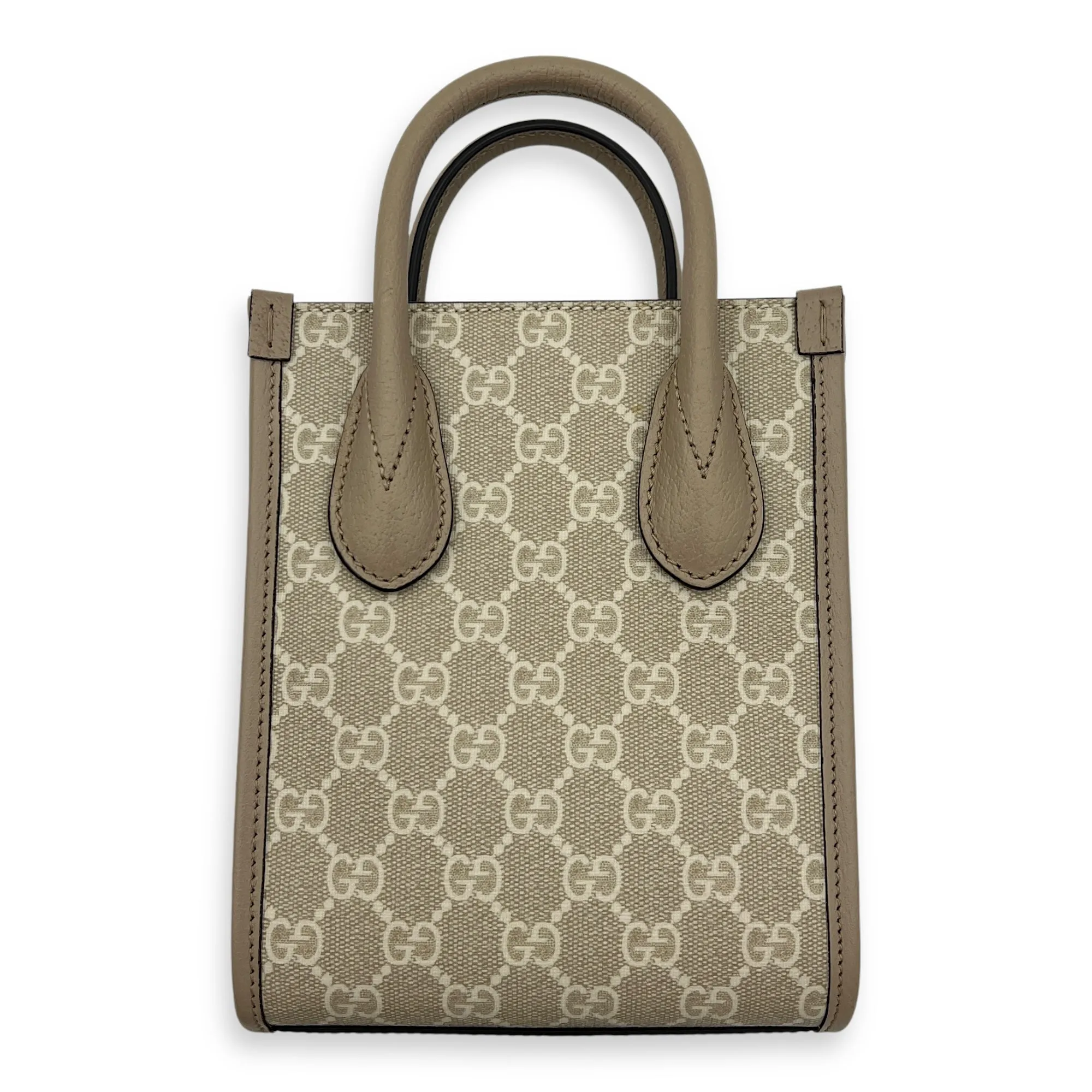 Interlocking G Tote Bag Mini Beige in Coated Canvas, Brushed Gold hardware