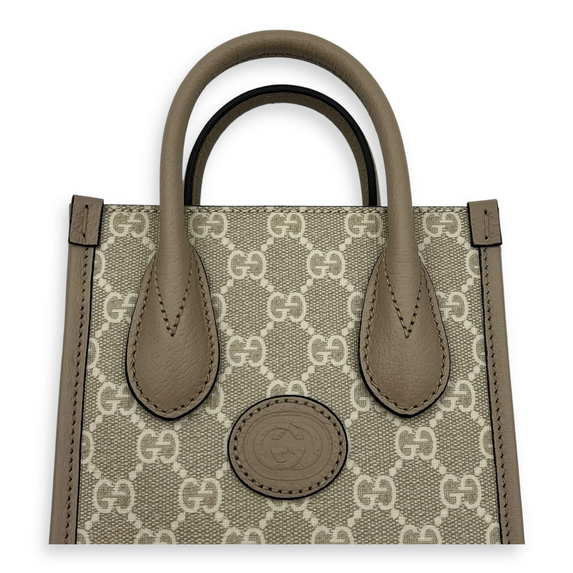 Interlocking G Tote Bag Mini Beige in Coated Canvas, Brushed Gold hardware