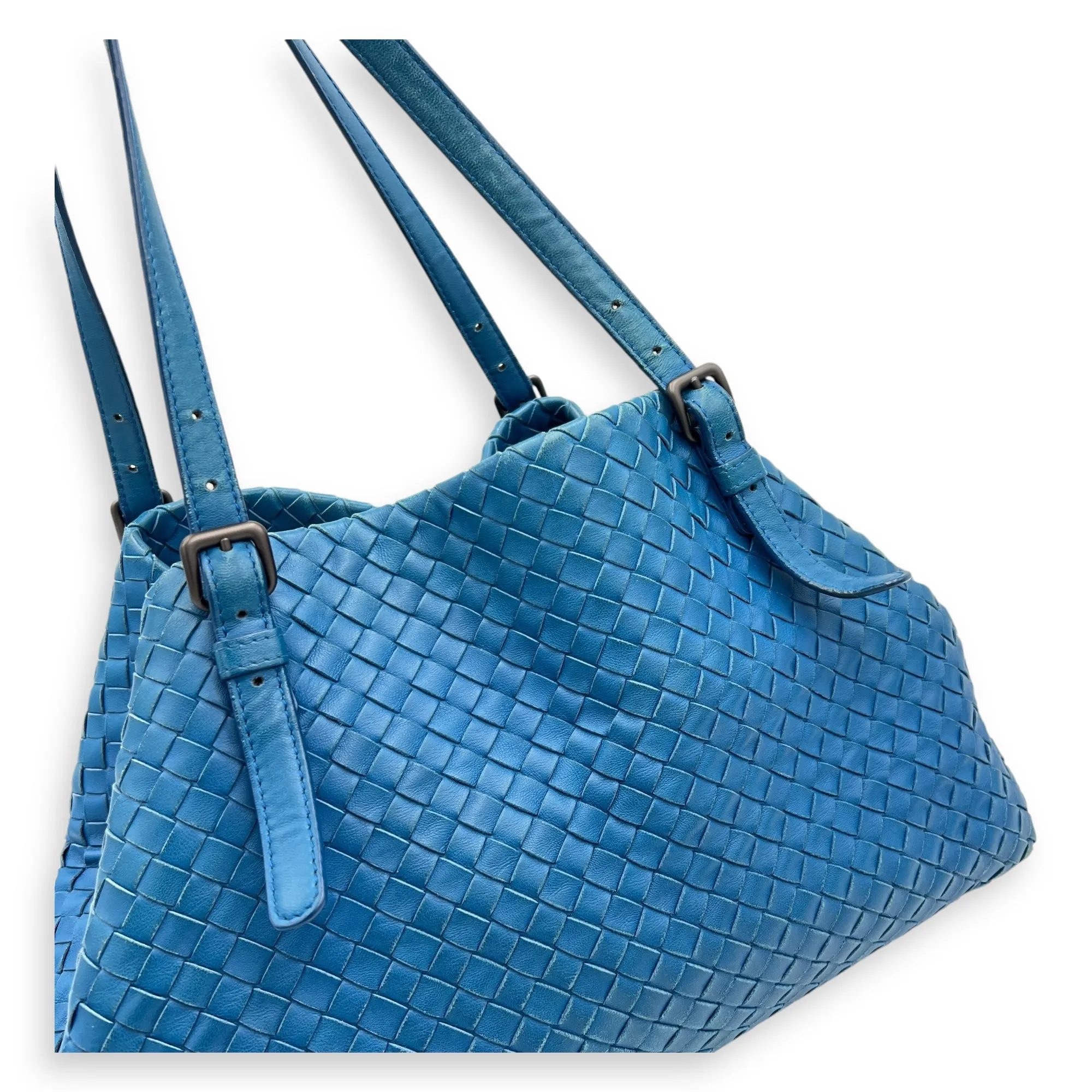 Intrecciato Blue Tote Bag in Lambskin, Ruthenium hardware