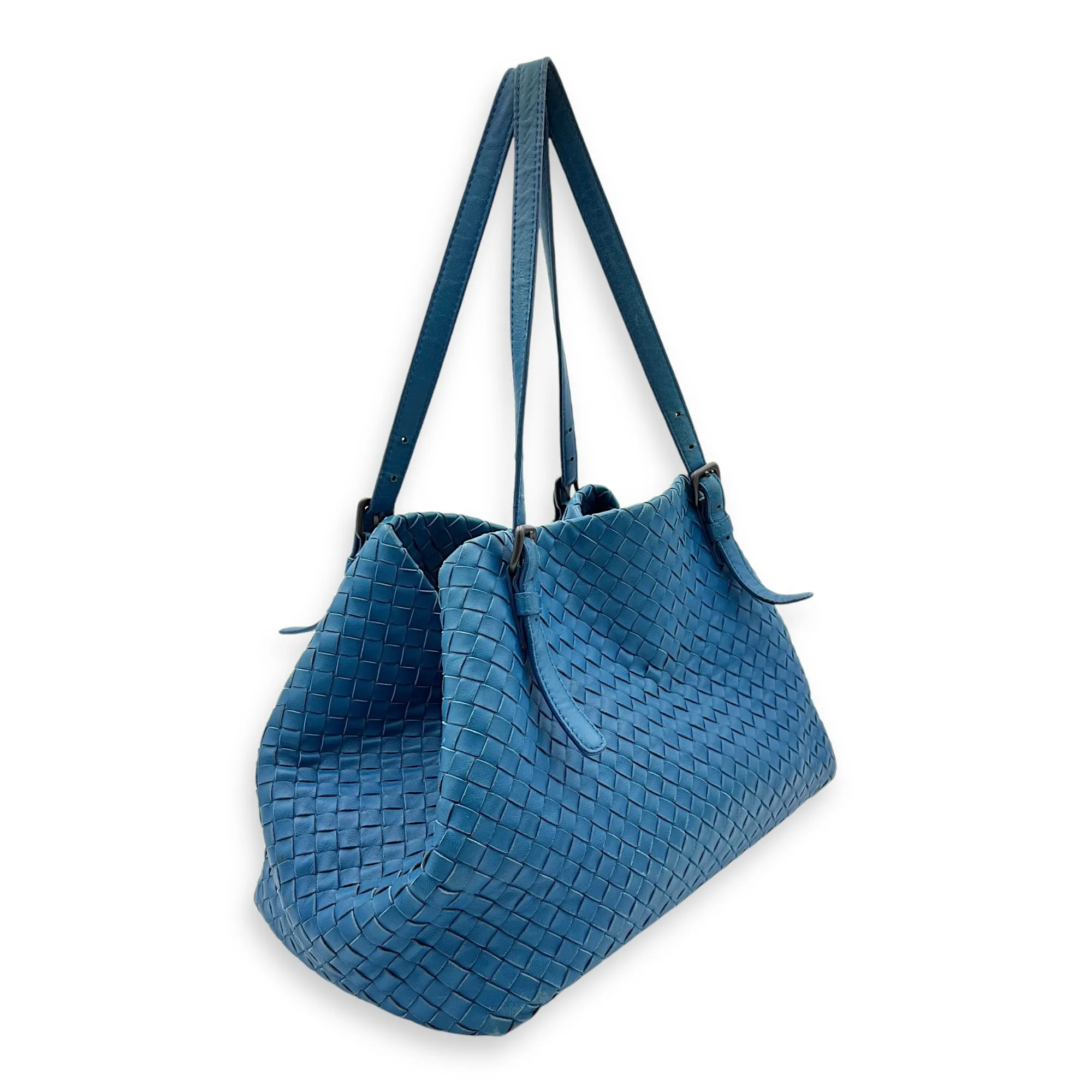 Intrecciato Blue Tote Bag in Lambskin, Ruthenium hardware