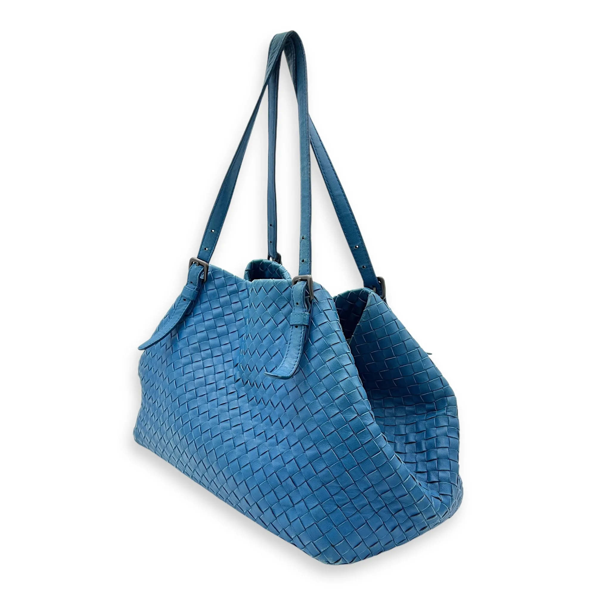 Intrecciato Blue Tote Bag in Lambskin, Ruthenium hardware