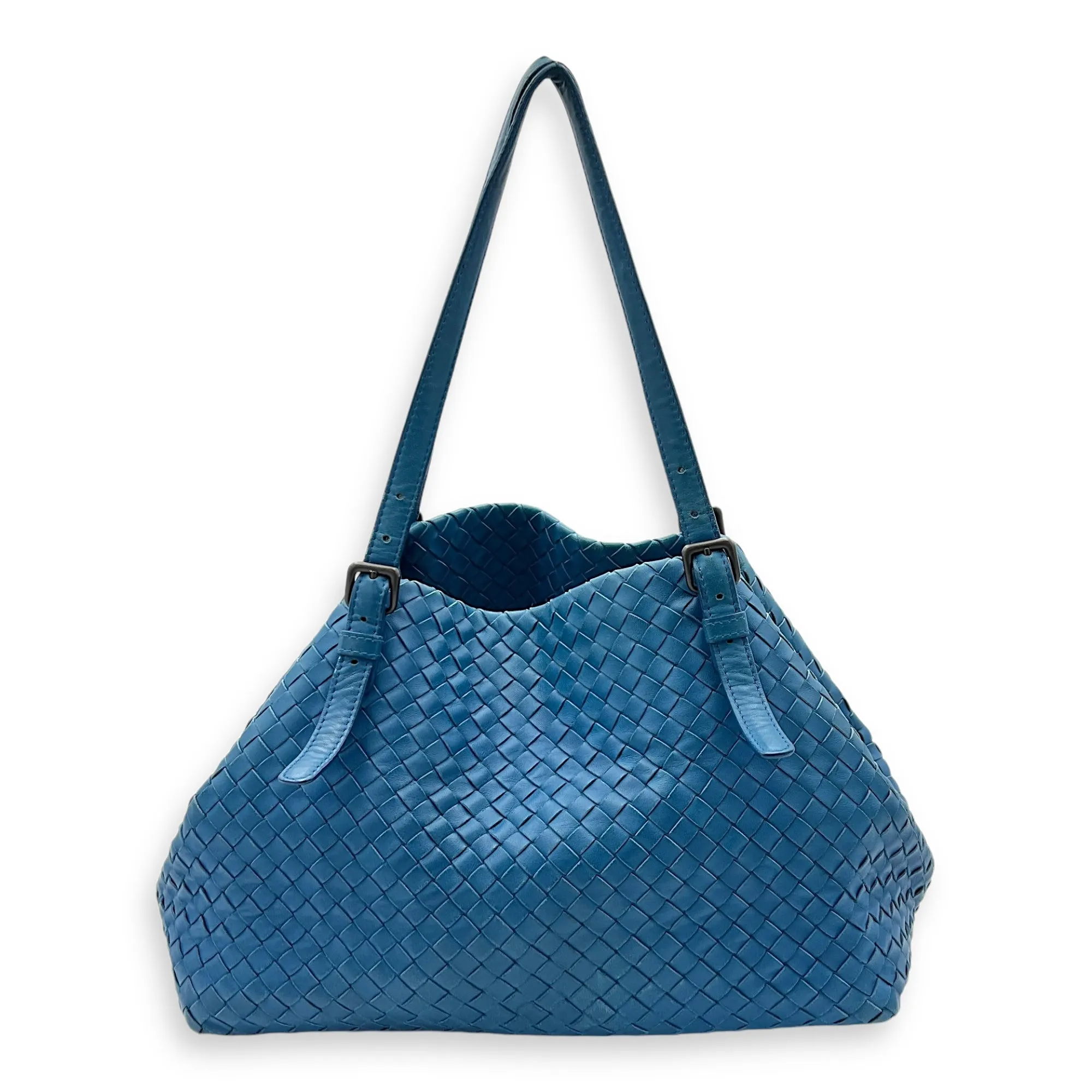 Intrecciato Blue Tote Bag in Lambskin, Ruthenium hardware