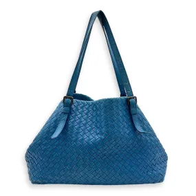 Intrecciato Blue Tote Bag in Lambskin, Ruthenium hardware