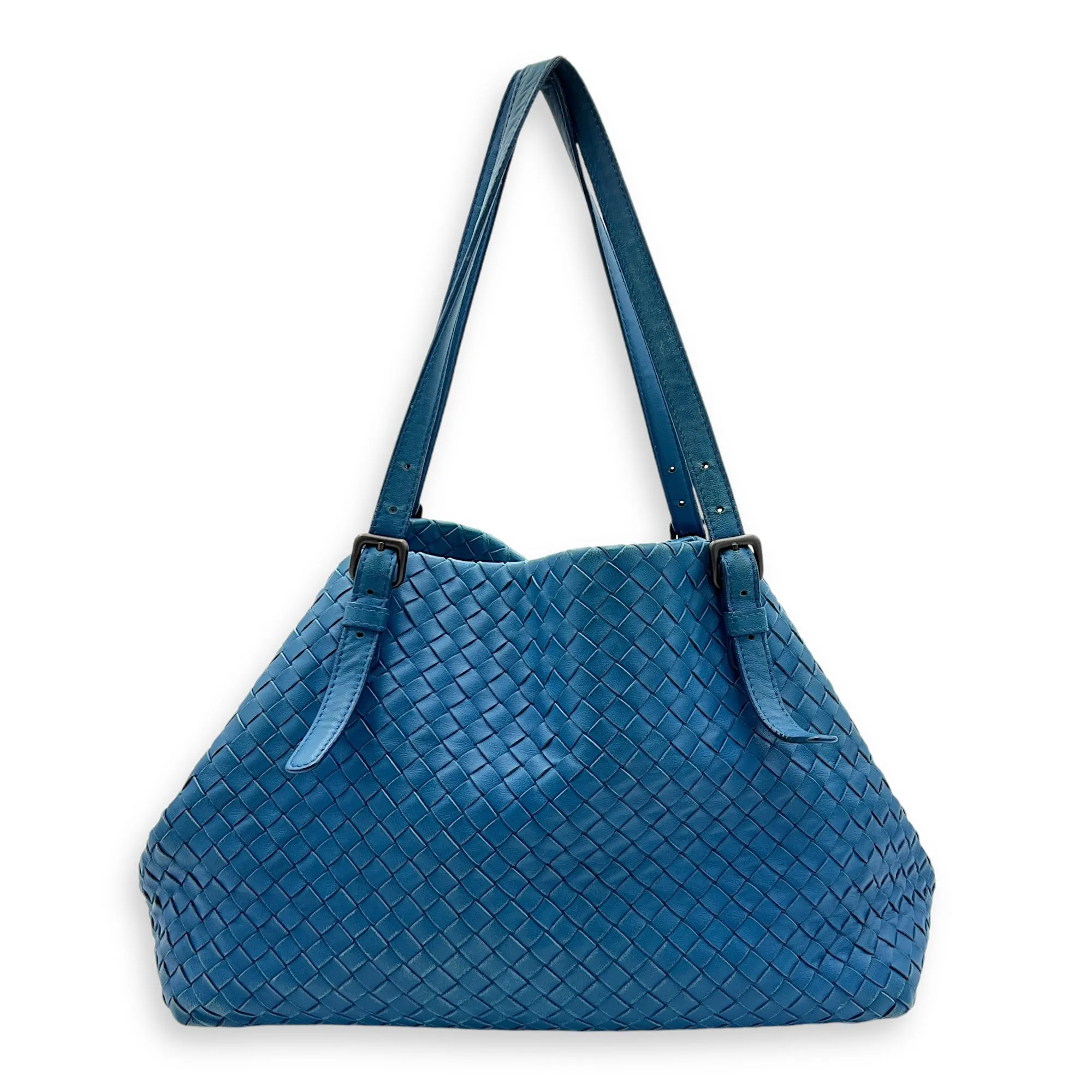 Intrecciato Blue Tote Bag in Lambskin, Ruthenium hardware