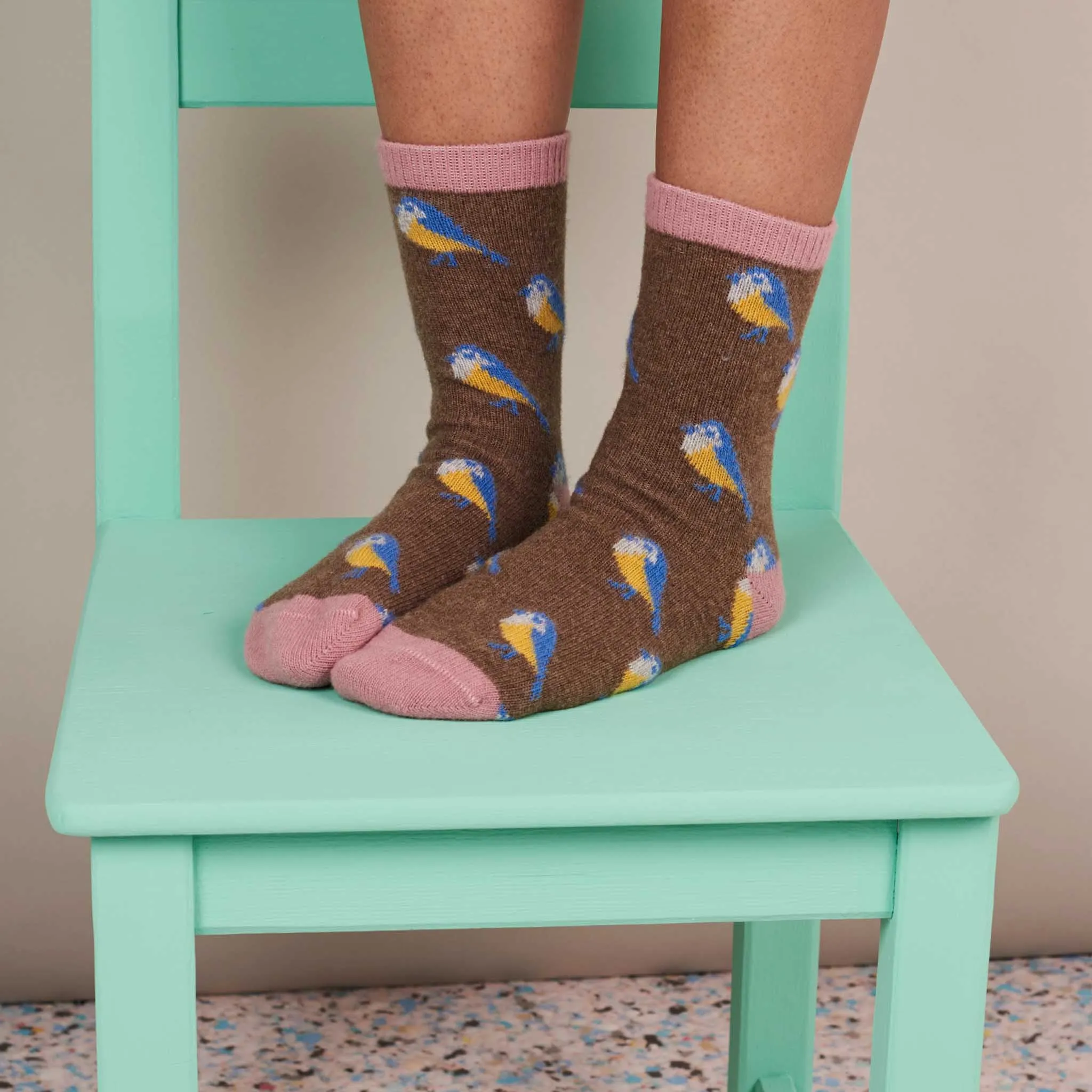 Ladies Soft Brown Blue Tit Lambswool Ankle Socks