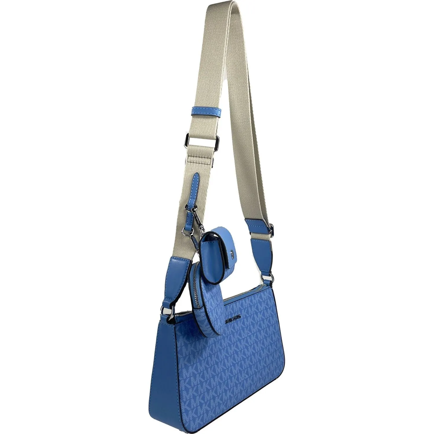 Michael Kors Jet Set Signature PVC Crossbody Tech Attachment Bag Purse Blue