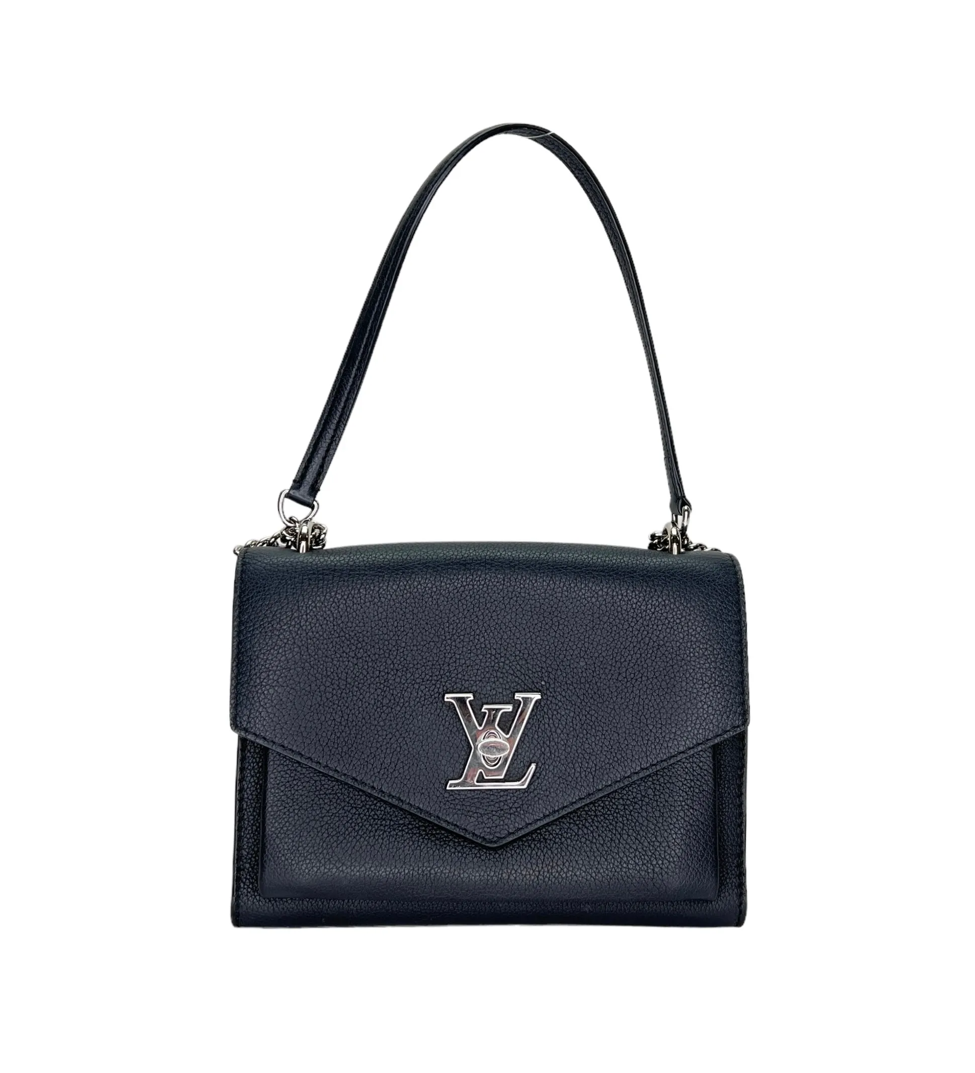 Mylockme Satchel Chain Black Crossbody Bag in Calfskin, Silver hardware