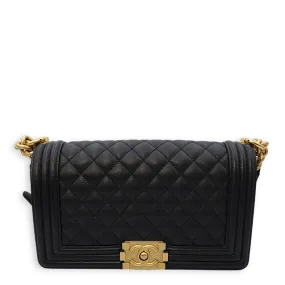 Quilted Boy Medium Black Crossbody Bag in Caviar Leather, Gold hardware