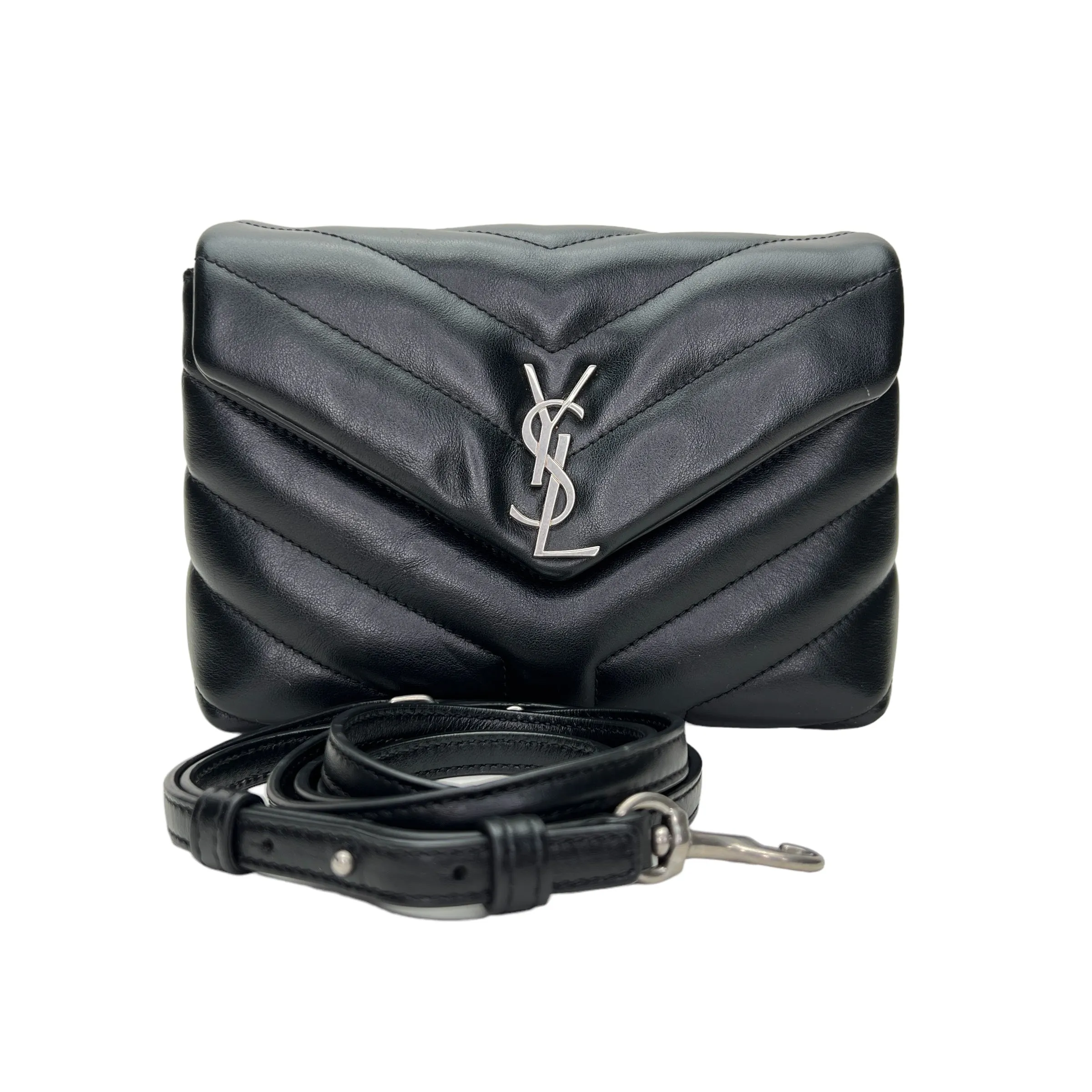 Quilted Loulou Toy Black Crossbody Bag in Calfskin, Silver hardware