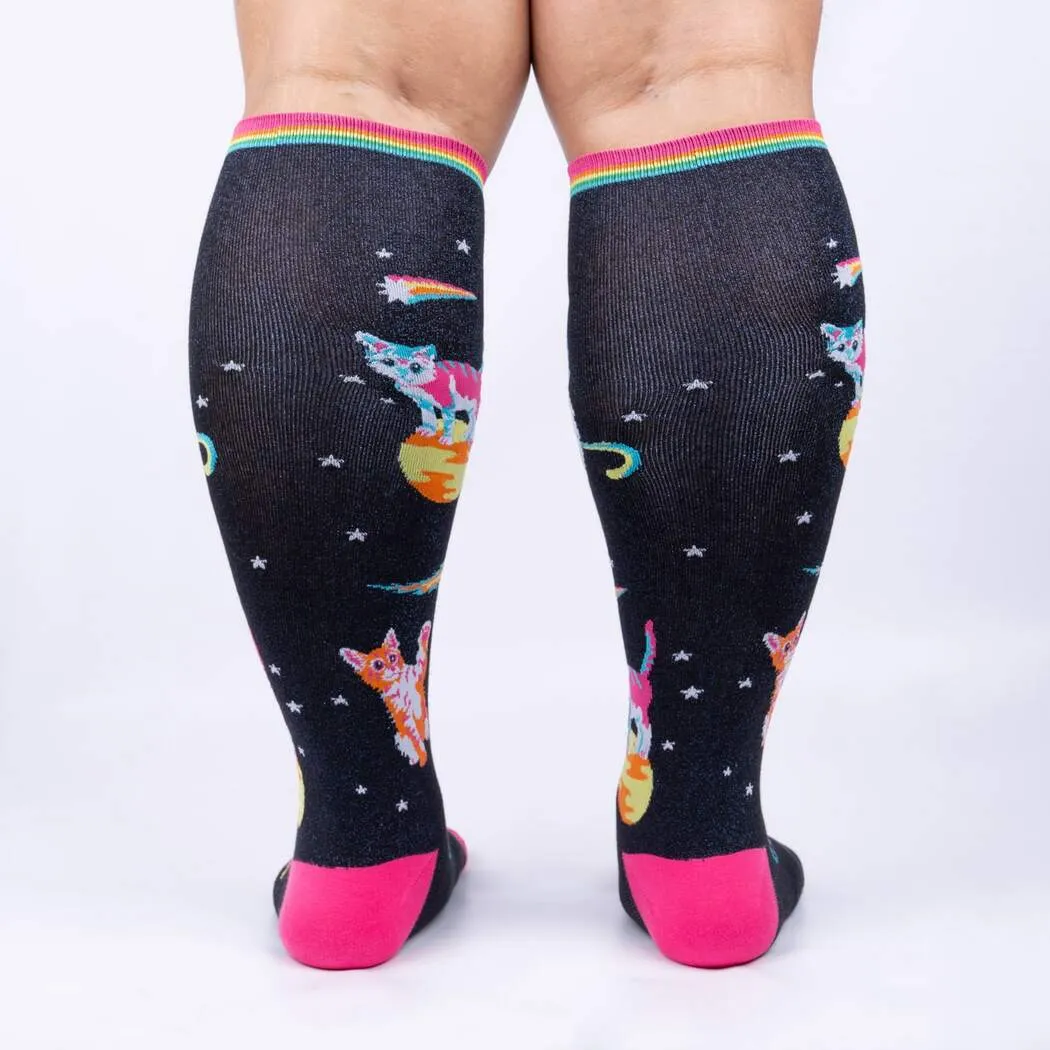 Shimmering Space Cats Knee High Sock in Extra Stretchy for Wide Calves