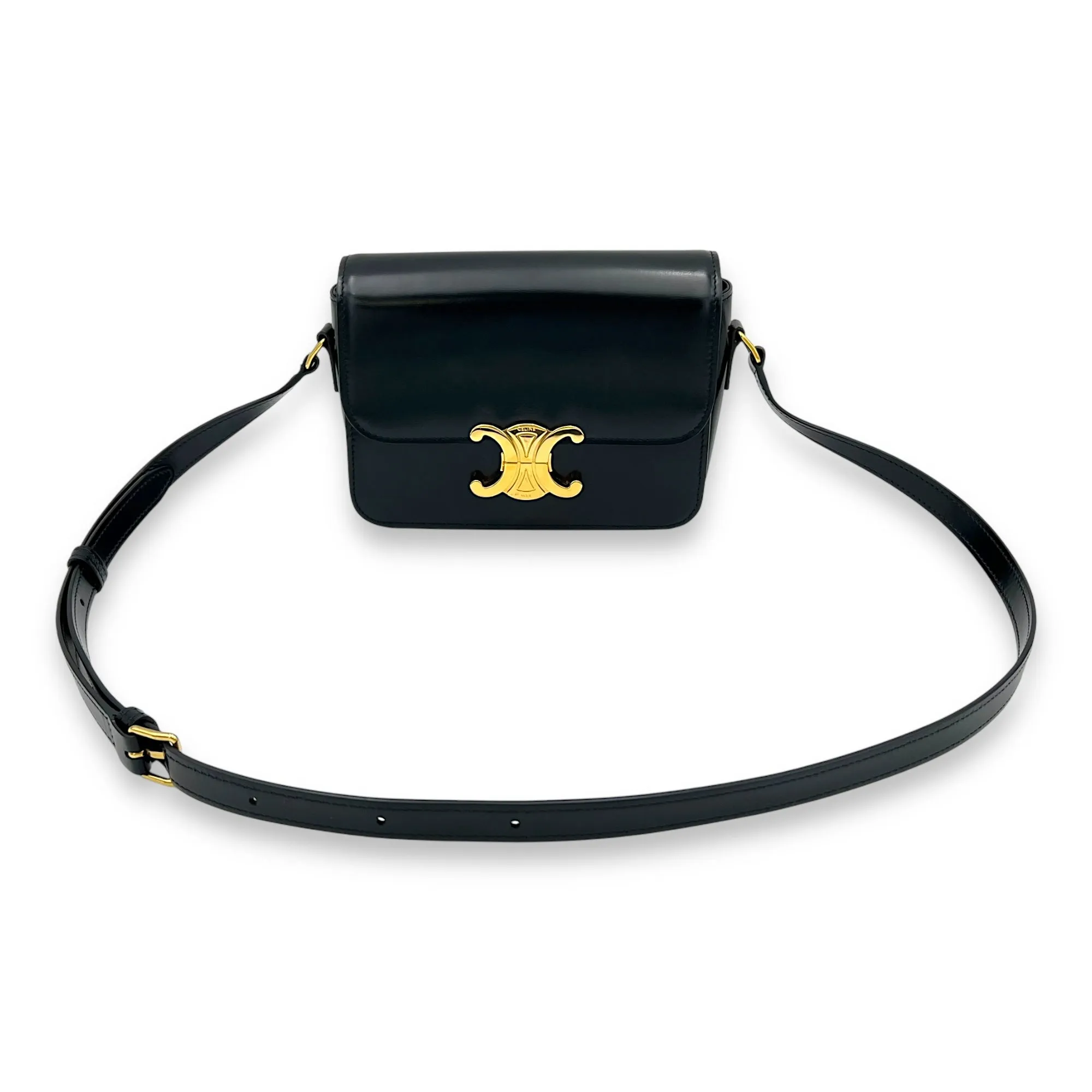 Triomphe Crossbody Bag Teen Black in Calfskin, Gold hardware