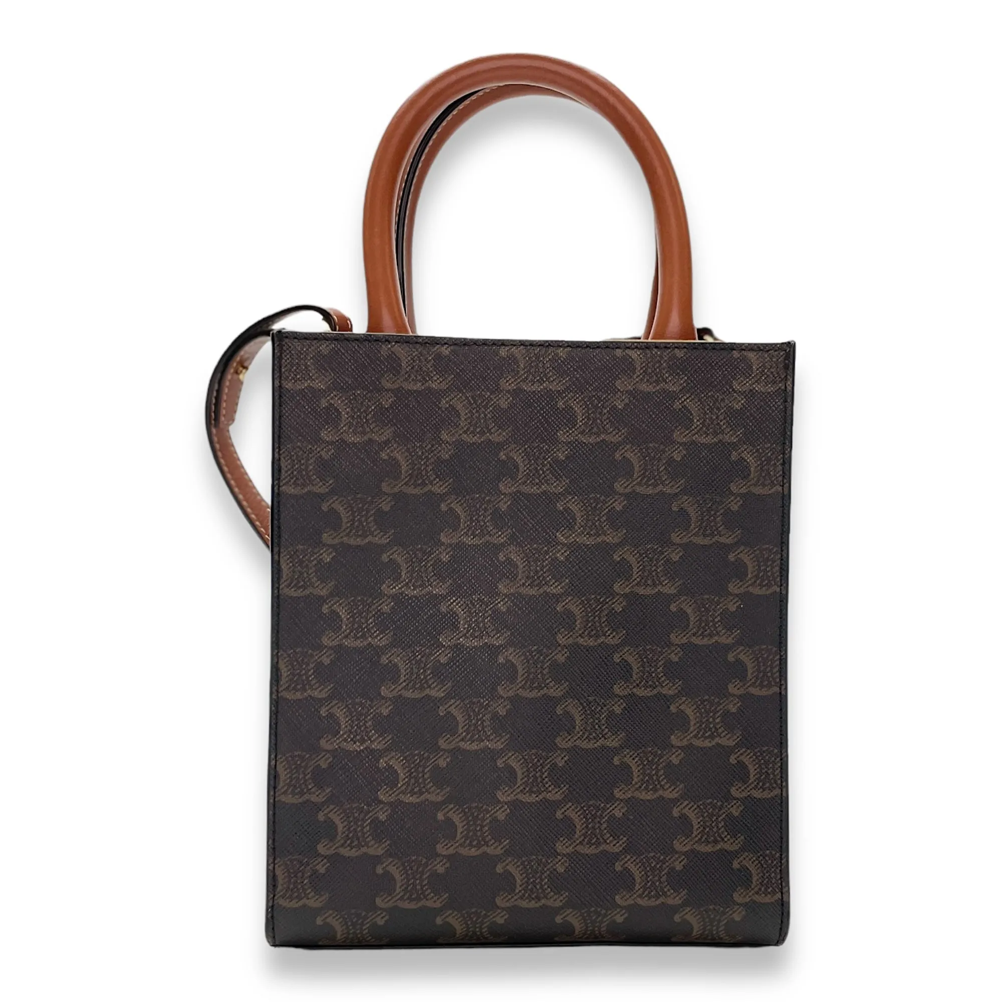 Triomphe Mini Brown Tote Bag in Coated Canvas, Gold hardware